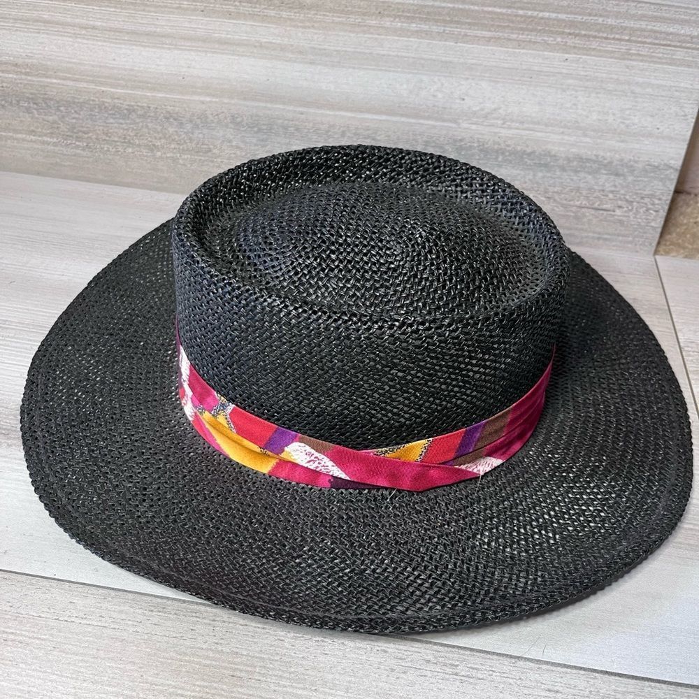 AMJ Pacific Co Black Straw hat Small/ Med with Colorful Hat Band